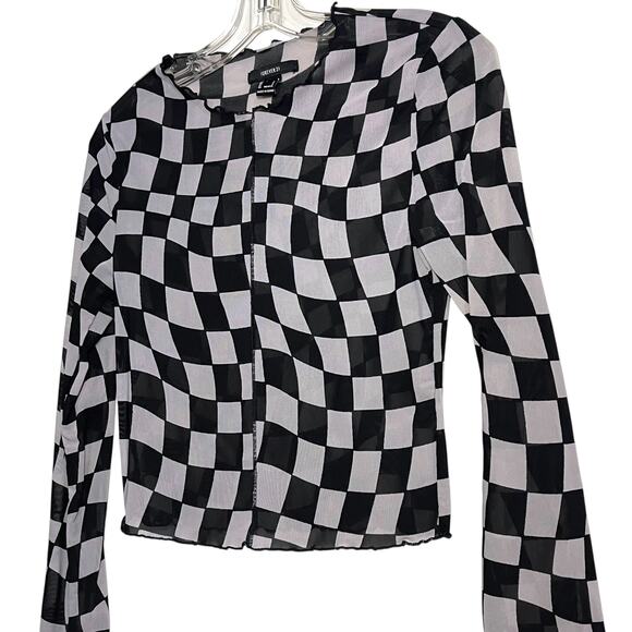 Forever 21 Sheer Mesh Checkered Top Long Sleeve Black White Small - Picture 2 of 6